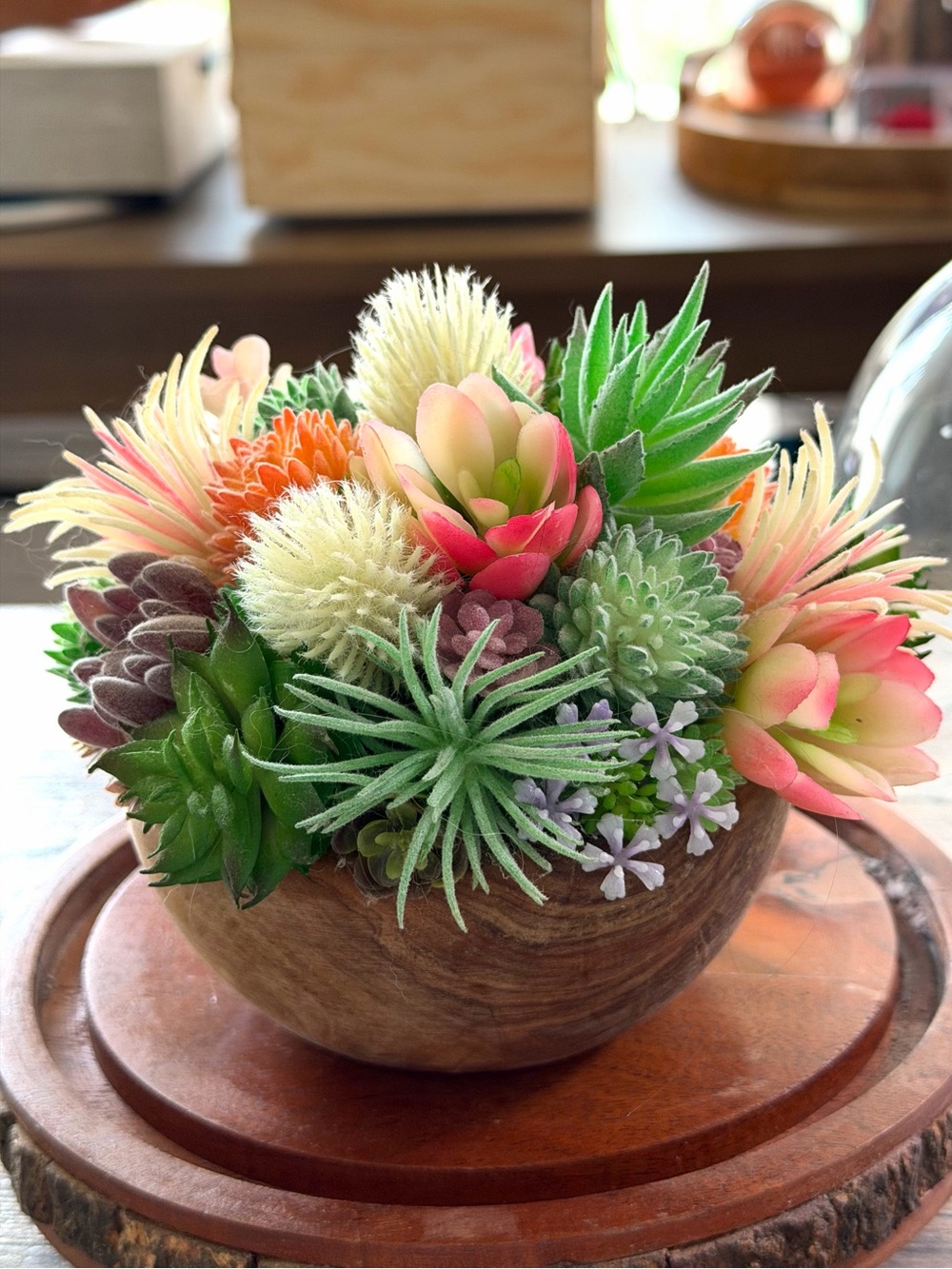 Artificial Succulent Arrangement in Wooden Bowl